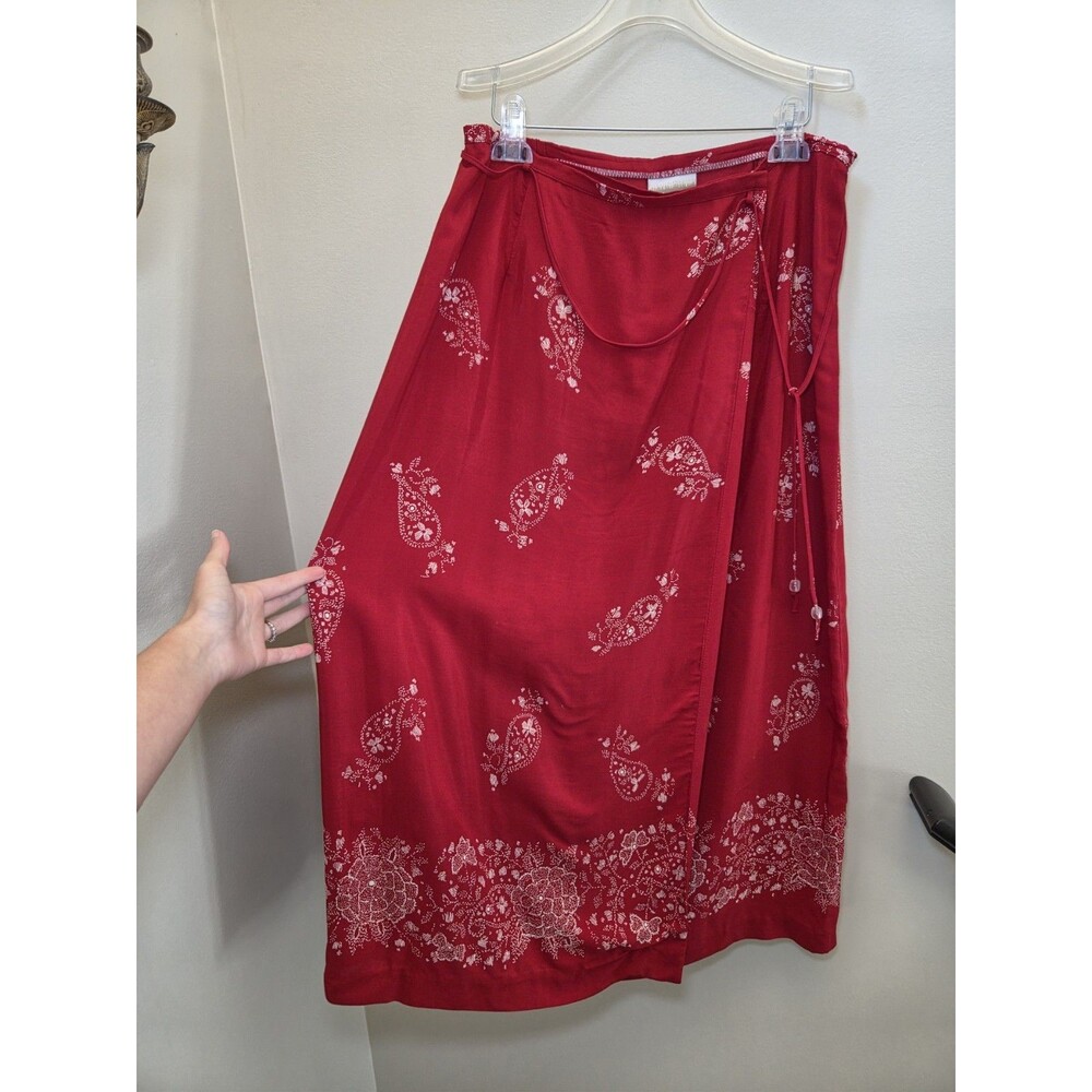 Vtg Coldwater Creek Red Bandana Paisley Wrap Maxi Skirt Beaded Waist Tie Western